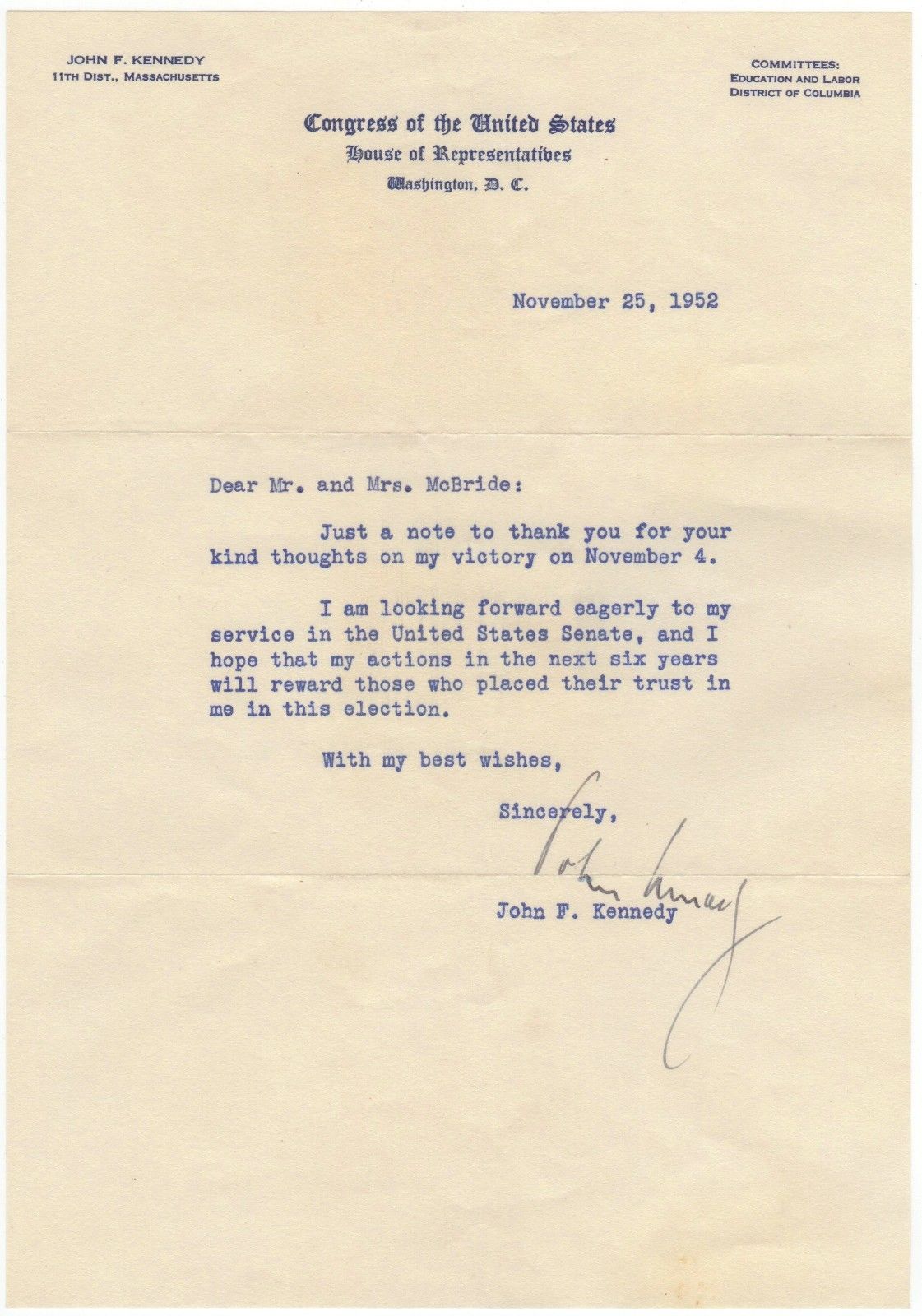 John F. Kennedy – typed letter signed “I am looking forward ...to my service..."