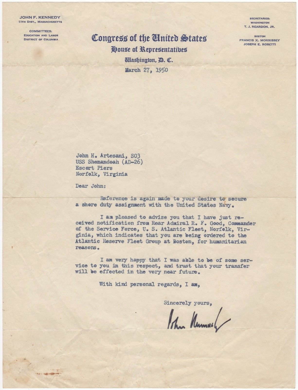 Congressman John F Kennedy uses his influence to obtain a shore assignment for a fellow veteran – fine typed letter signed