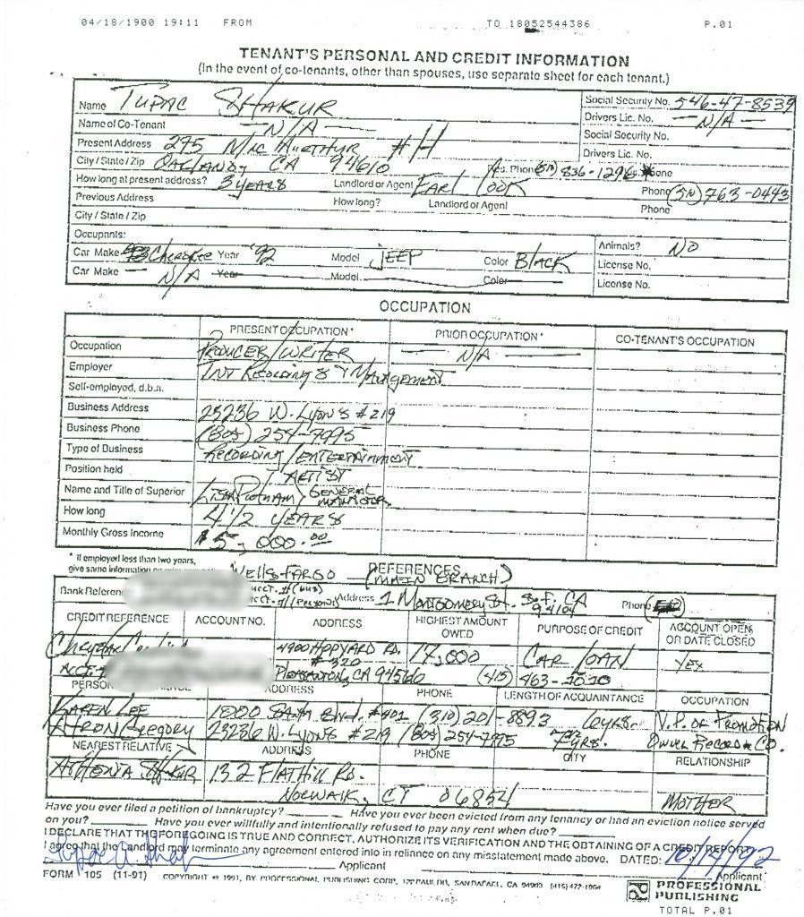 Tupac Shakur Credit Application While Signed To His First Label TNT